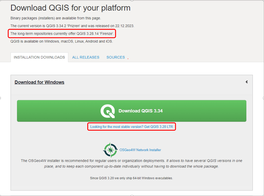 Screenshot of the QGIS website, showing a button to download the software