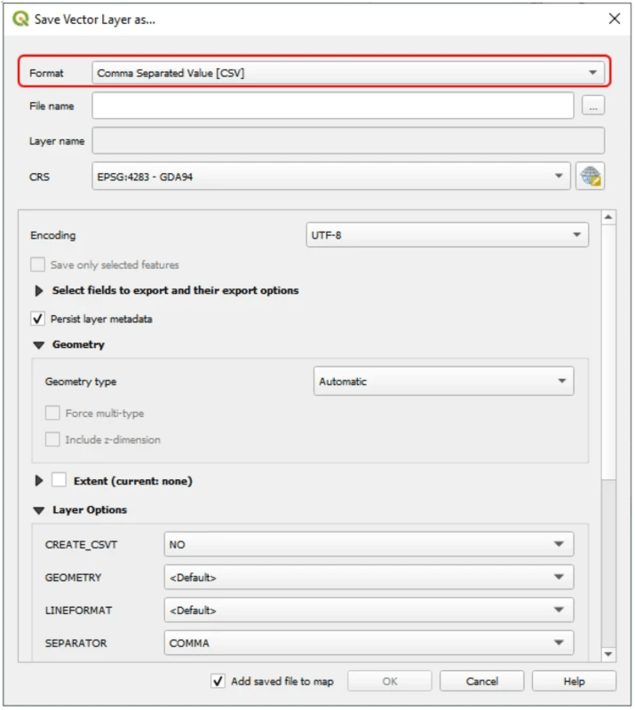 Screenshot of QGIS Save Vector Layer popup