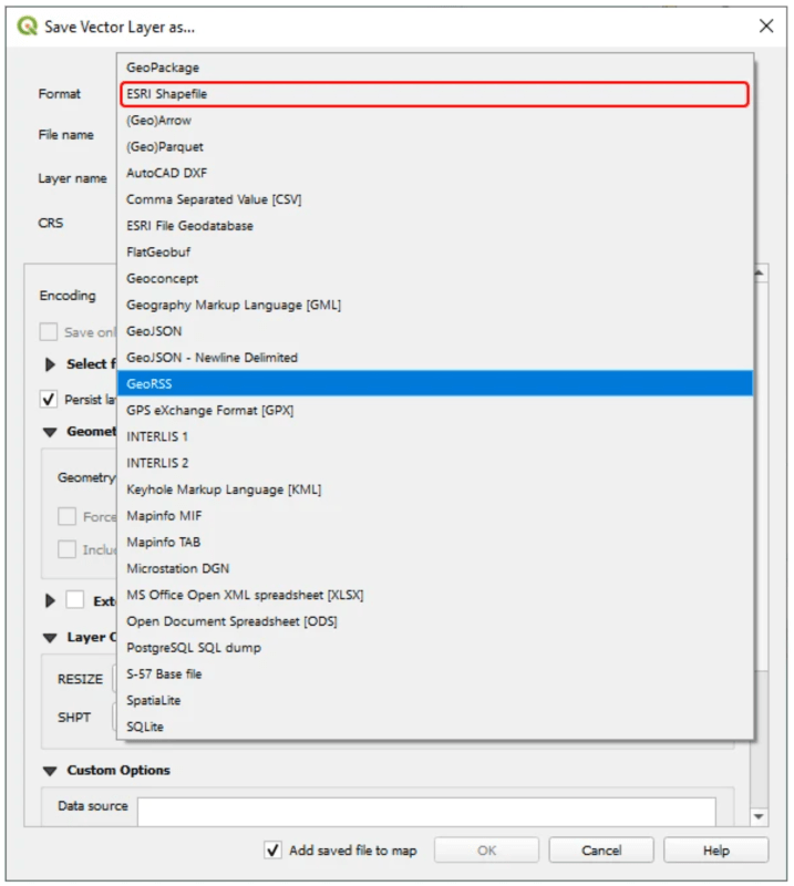 Screenshot of QGIS, saving a vector layer