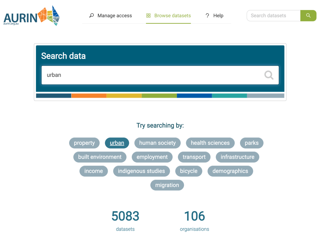 Screenshot of the Data Catalogue search page, with the word 'urban' entered into the search bar
