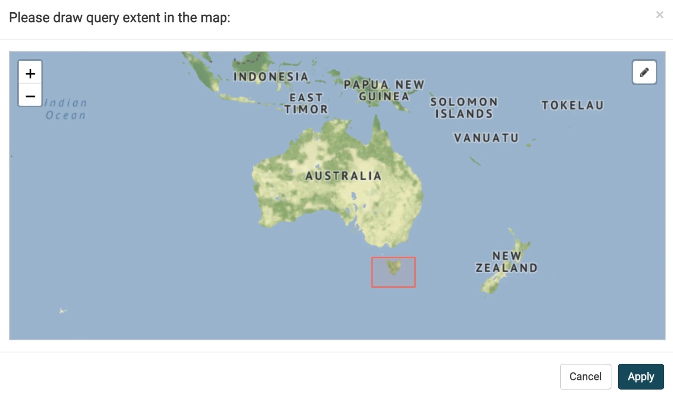 Screenshot of a map of Australia with a red box drawn around Tasmania, illustrating how search results can be limited by geographic area